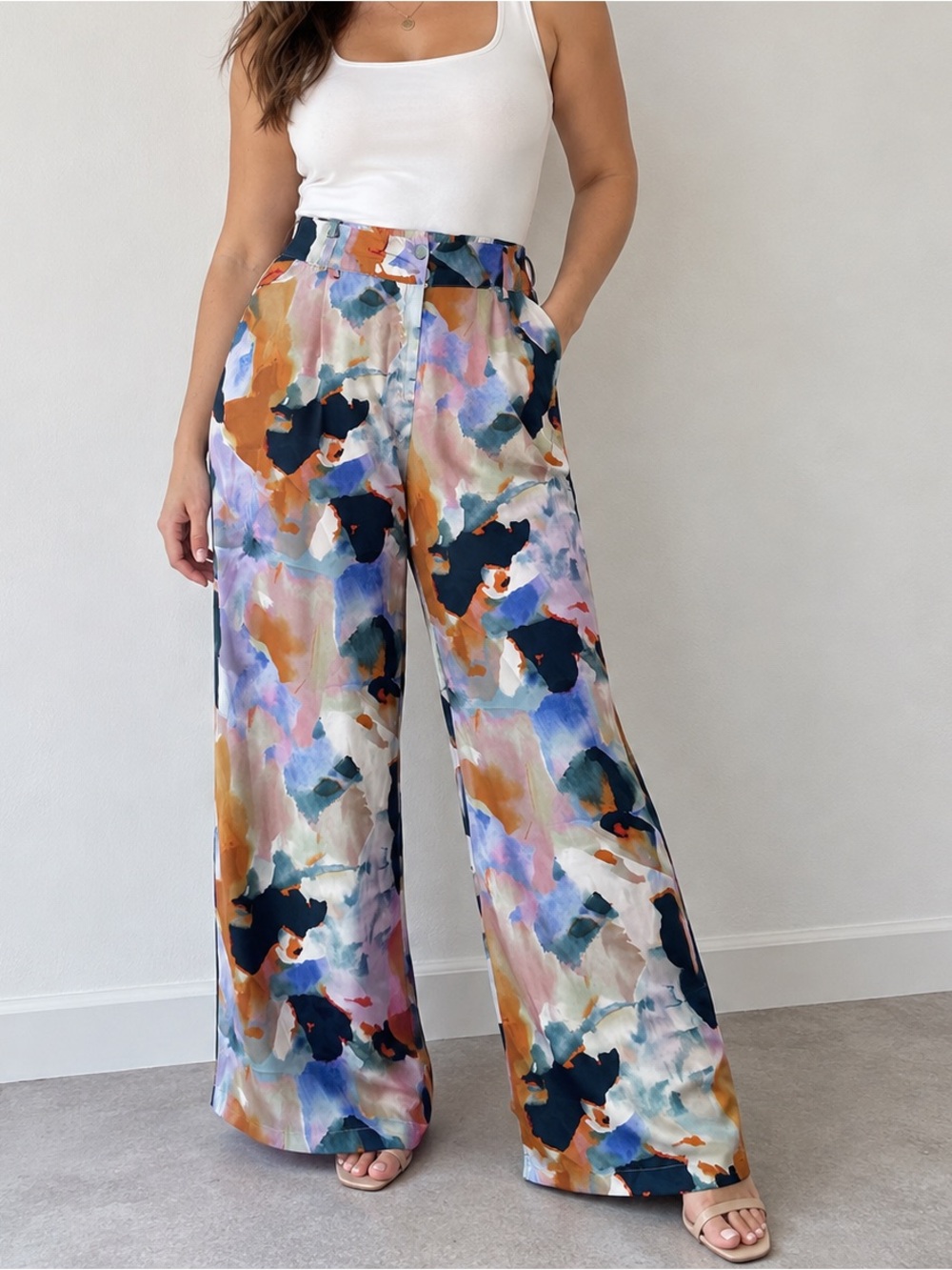 Black Tape 1X Blue Multicolor Watercolor Abstract Wide Leg Pants Silky High Rise